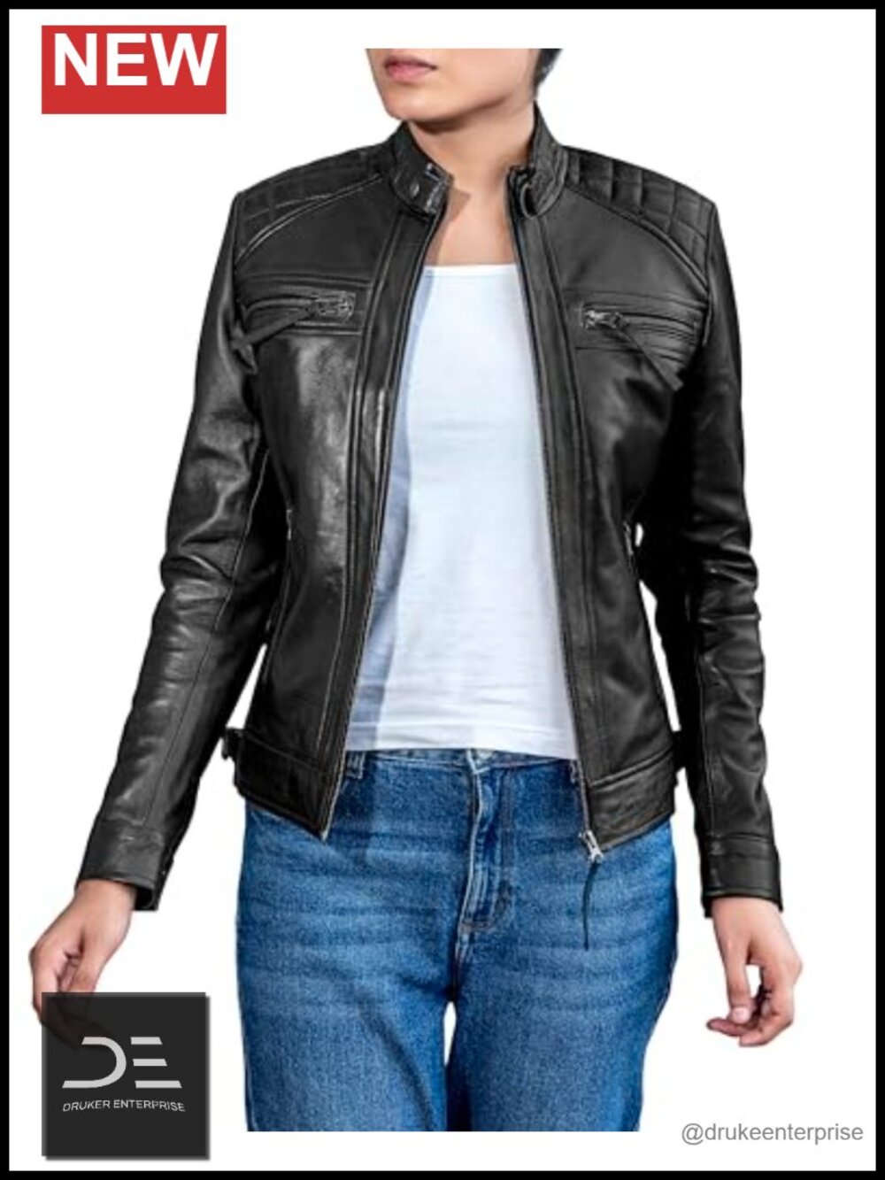 Quilted Lambskin Leather Jacket Women Cafe Racer Moto Biker Zip Moto